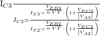 $\frac{I_{C3}}{I_{C2}}=\frac{I_{S3}\cdot e^{\frac{V_{EB3}}{n\cdot VT}}\cdot \left(1+\frac{V_{EC3}}{\left|V_{A3}\right|}\right)}{I_{S2}\cdot e^{\frac{V_{EB2}}{n\cdot VT}}\cdot \left(1+\frac{V_{EC2}}{\left|V_{A2}\right|}\right)}$