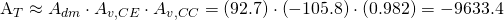 $A_T\approx A_{dm}\cdot A_{v,CE} \cdot A_{v,CC} = \left(92.7\right)\cdot \left(-105.8\right)\cdot \left(0.982\right)=-9633.4$